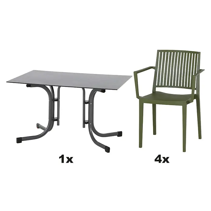 Siena Garden Urban Lights Gartenmöbel-Set Lane Sessel/gr.Sola Tisch - 5 -tlg., Polypropylen, Olive/Anthrazit - Ein grauer Gartentisch und vier grüne Gartenstühle. Das Set ist ideal für den Garten oder die Terrasse und bietet Platz für vier Personen.