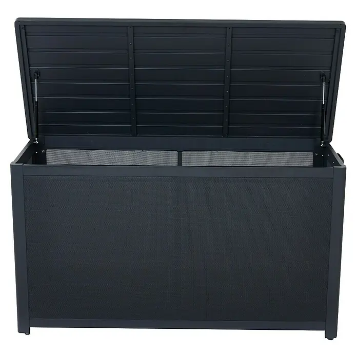 Siena Garden Garten-Aufbewahrungsbox Sabano - 135,5 x 58,7 x 75 cm, Aluminium, Anthrazit - Eine offene, dunkle Gartenbox, ideal zur Aufbewahrung von Gartenutensilien und Kissen, mit einem robusten, wetterfesten Design.