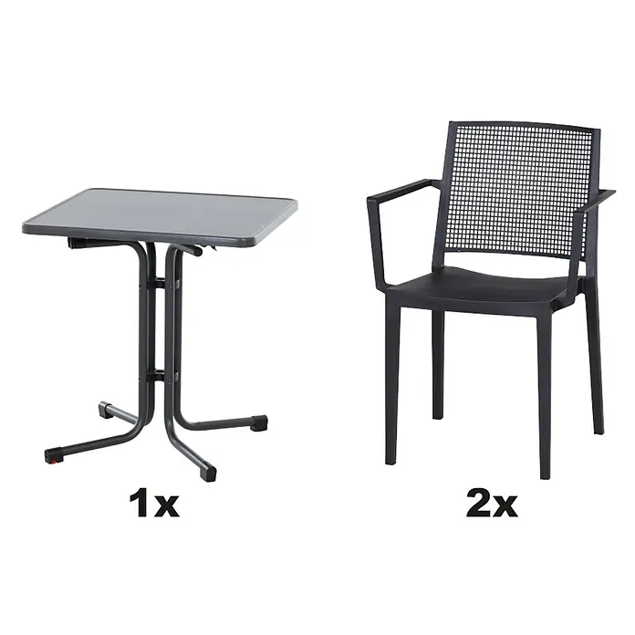 Siena Garden Urban Lights Gartenmöbel-Set Square Sessel/Paco Tisch - 3 -tlg., Polypropylen, Melamin, Anthrazit - Bild zeigt einen grauen Klapptisch und zwei passende Armlehnstühle, ideal für Balkon oder Terrasse.