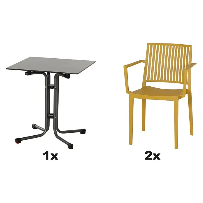 Siena Garden Urban Lights Gartenmöbel-Set Lane Sessel/Sola Tisch - 3 -tlg., Polypropylen, Mustard/Anthrazit - Ein grauer Klapptisch und zwei senfgelbe Armlehnstühle.