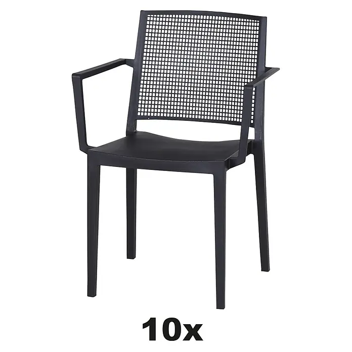 Siena Garden Urban Lights Stapelsessel Set Square - 10 Stk., Polypropylen, Stapelbar, Anthrazit, B x T x H: 56 x 56 x 80 cm - Schwarzer Stuhl mit Armlehnen und Rückenlehne mit Netzmuster für den Außenbereich.