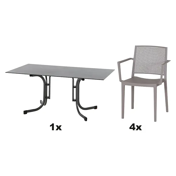 Siena Garden Urban Lights Gartenmöbel-Set Square Sessel/Sola Tisch - 5 -tlg., Polypropylen, Taupe/Anthrazit - Bild eines Gartensets mit einem Tisch und vier Stühlen. Das Set hat ein modernes Design und ist ideal für den Außenbereich geeignet.