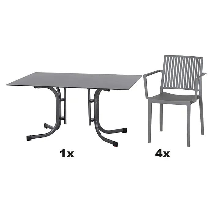 Siena Garden Urban Lights Gartenmöbel-Set Sessel Lane/Tisch Sola - 5 -tlg., Polypropylen, Grau/Anthrazit - Produktbild eines Esstischsets, bestehend aus einem Tisch und vier Stühlen, ideal für den Garten oder die Terrasse.