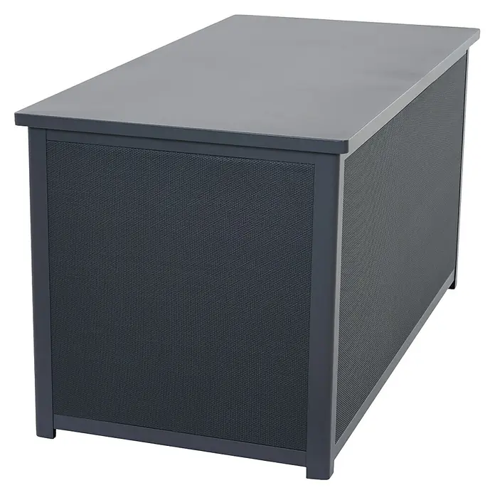 Siena Garden Garten-Aufbewahrungsbox Sabano - 159 x 79,3 x 83 cm, Aluminium, Anthrazit - Ein grauer Outdoor-Lagerbehälter mit strukturierten Paneelen und einem flachen Deckel. Ideal für die Aufbewahrung im Freien.