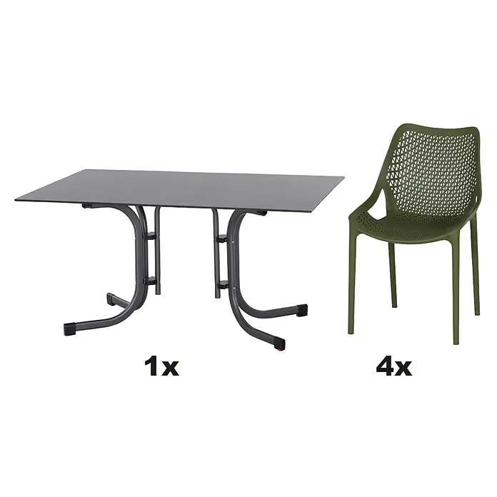 Siena Garden Urban Lights Gartenmöbel-Set District Sessel/Sola Tisch - 5 -tlg., Polypropylen, Olive/Anthrazit - Ein grauer Gartentisch mit einem Stuhl. Der Tisch ist klappbar und wird mit vier grünen Stühlen geliefert. Ideal für den Garten.