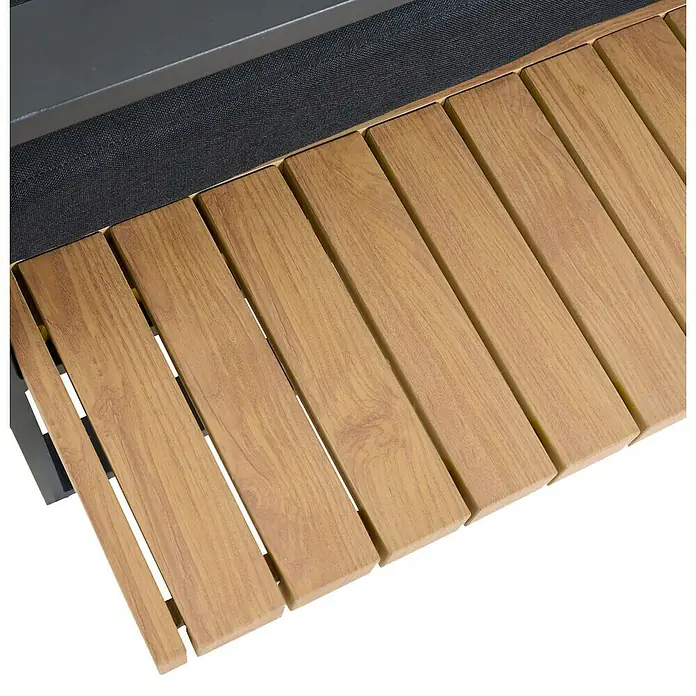 Siena Garden Urban Lights Loungemöbel-Set Bari - 2 -tlg., Aluminium, Teak/Anthrazit - Hellebraune Holzoptik-Lamellenfläche eines Möbels neben einem dunkelgrauen Stoffelement.