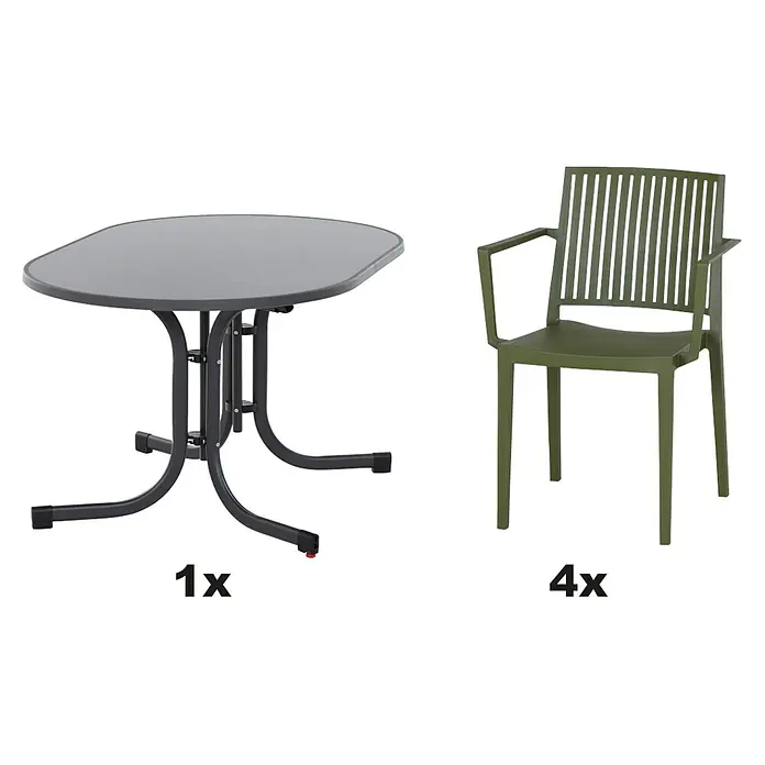 Siena Garden Urban Lights Gartenmöbel-Set Lane Sessel/Paco Tisch - 5 -tlg., Polypropylen, Olive/Anthrazit - Das Bild zeigt ein Gartenset mit einem grauen Tisch und vier olivgrünen Stühlen mit Armlehnen. Das Set ist ideal für den Außenbereich.