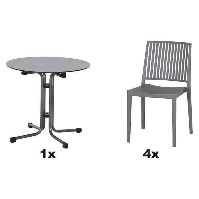 Siena Garden Urban Lights Gartenmöbel-Set Lane Stuhl/Sola Tisch - 5 -tlg., Polypropylen, Hochdruck-Schichtpressstoff (HPL), Grau/Anthrazit - Bild eines Bistrotisches und vier Bistrostühle, perfekt für kleine Räume oder einen Balkon. Das Set ist stilvoll und funktional.