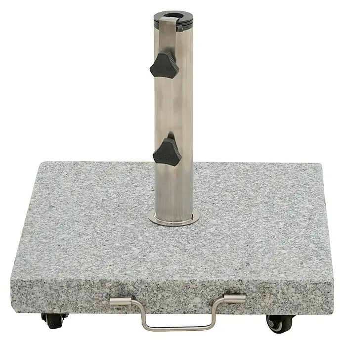 Siena Garden Granitschirmständer Ennio mit Rollen - 50 kg, L x B: 50 x 50 cm - Bild eines Sonnenschirmständers mit einem Sockel aus grauem Granit und einem stabilen Metallrohr.