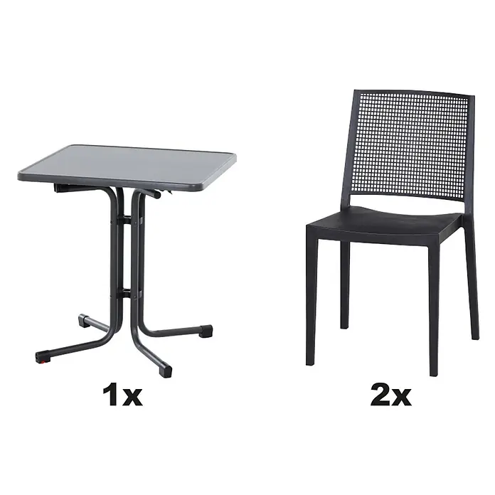 Siena Garden Urban Lights Gartenmöbel-Set Square Stuhl/Paco Tisch - 3 -tlg., Polypropylen, Melamin, Anthrazit - Bild einer Klapptisch und zwei schwarzen Stühlen mit Gittermuster im Rückenbereich, ideal für Balkon oder Terrasse.