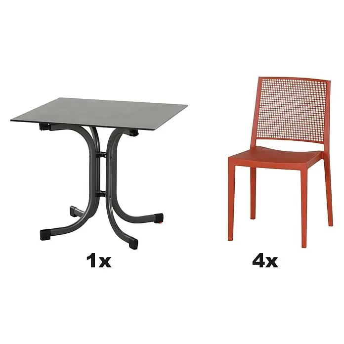Siena Garden Urban Lights Gartenmöbel-Set Square Stuhl/Sola Tisch - 5 -tlg., Polypropylen, Brick/Anthrazit - Tisch mit quadratischer Platte und grauem Metallfuß sowie vier orangefarbene Stühle mit Gitternetzmuster.