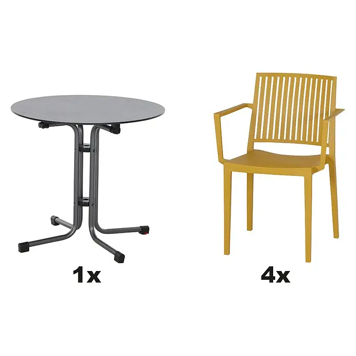 Siena Garden Urban Lights Gartenmöbel-Set Lane Sessel/Sola Tisch - 5 -tlg., Polypropylen, Hochdruck-Schichtpressstoff (HPL), Mustard/Anthrazit - Eine graue Bistro-Tisch mit einem runden Tischblatt, dazu vier gelbe Stühle mit Armlehnen und vertikalen Streben. Perfekt für den Garten.