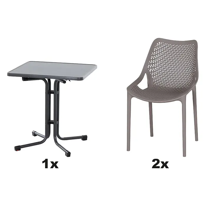 Siena Garden Urban Lights Gartenmöbel-Set District Sessel/Paco Tiscch - 3 -tlg., Polypropylen, Melamin, Taupe/Anthrazit - Abbildung zeigt einen grauen Klapptisch (1x) und zwei passende graue Stühle (2x), ideal für Balkon oder Terrasse.