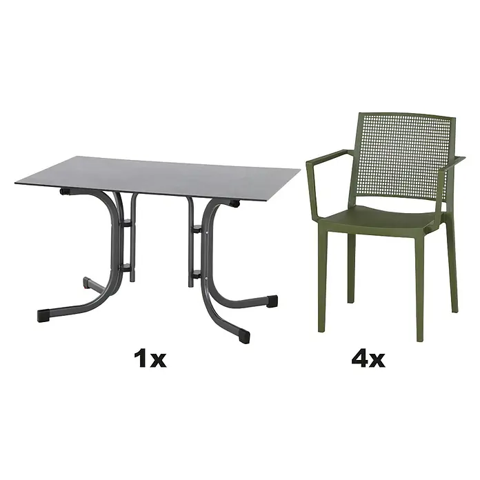 Siena Garden Urban Lights Gartenmöbel-Set Square Sessel/Sola Tisch - 5 -tlg., Polypropylen, Olive/Anthrazit - Abbildung eines grauen Gartentisches und vier grüner Stühle mit Armlehnen, ideal für den Außenbereich.