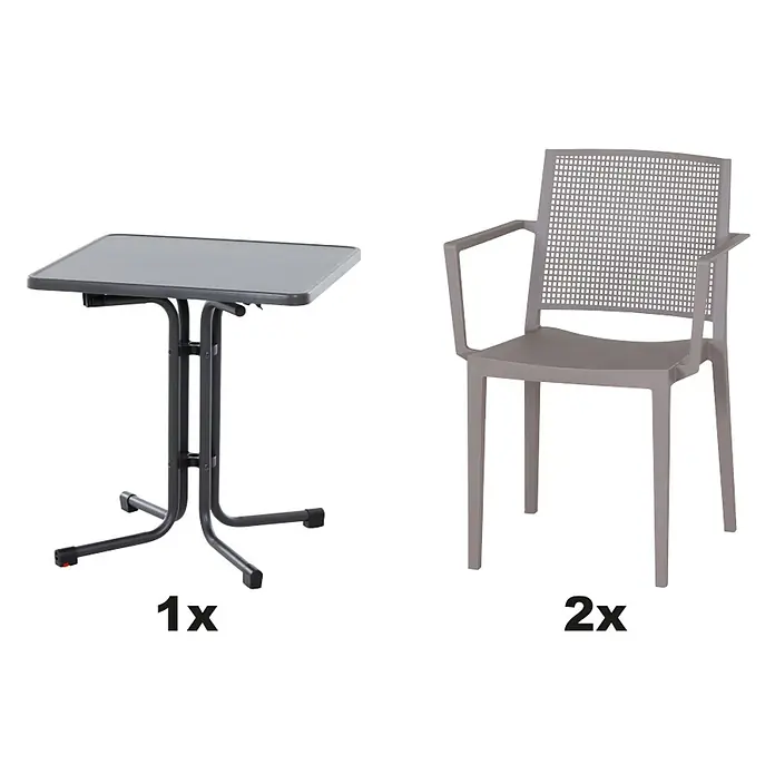 Siena Garden Urban Lights Gartenmöbel-Set Square Sessel/Paco Tisch - 3 -tlg., Polypropylen, Melamin, Taupe/Anthrazit - Gartenmöbelset mit einem Klapptisch und zwei Stühlen für den Außenbereich. Das Set ist ideal für kleine Balkone oder Terrassen.