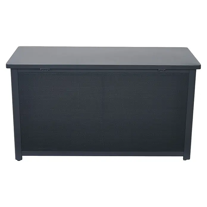 Siena Garden Garten-Aufbewahrungsbox Sabano - 135,5 x 58,7 x 75 cm, Aluminium, Anthrazit - Ansicht einer grauen, rechteckigen Aufbewahrungsbox mit Deckel und gewebter Front für den Außenbereich.
