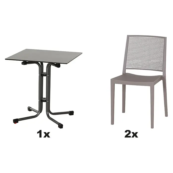 Siena Garden Urban Lights Gartenmöbel-Set Square Stuhl/Sola Tisch - 3 -tlg., Polypropylen, Taupe/Anthrazit - Grauer Klapptisch und zwei graue Stühle mit quadratischen Netzrückenlehnen, ideal für kleine Räume.