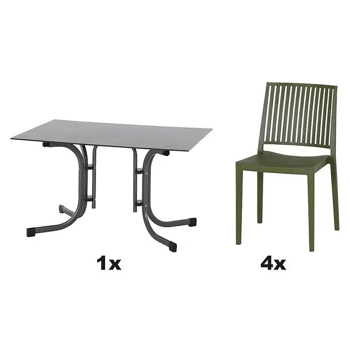 Siena Garden Urban Lights Gartenmöbel-Set Lane Stuhl/gr.Sola Tisch - 5 -tlg., Polypropylen, Olive/Anthrazit - Abbildung eines grauen Gartentisches und vier grüner Stühle. Perfekt für Mahlzeiten im Freien oder Zusammenkünfte im Garten.