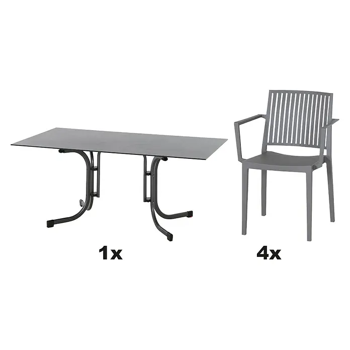 Siena Garden Urban Lights Gartenmöbel-Set Lane Sessel/Sola Tisch - 5 -tlg., Polypropylen, Grau/Anthrazit - Abbildung eines Esstischsets, bestehend aus einem Tisch und vier Stühlen.