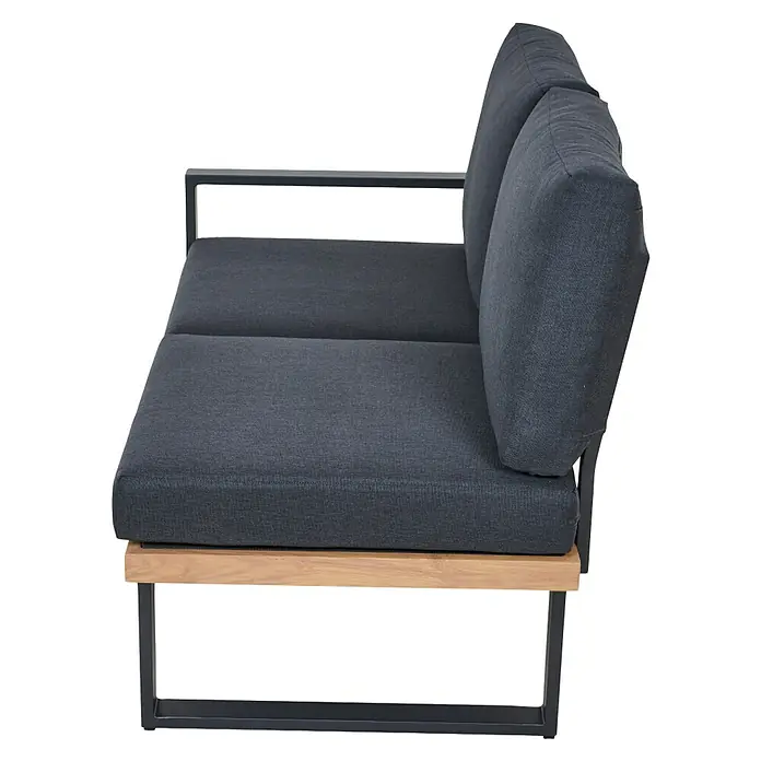 Siena Garden Urban Lights Loungemöbel-Set Bari - 2 -tlg., Aluminium, Teak/Anthrazit - Dunkelgraues Outdoor-Lounge-Sofa mit schwarzem Metallrahmen und hellem Holzsockel.