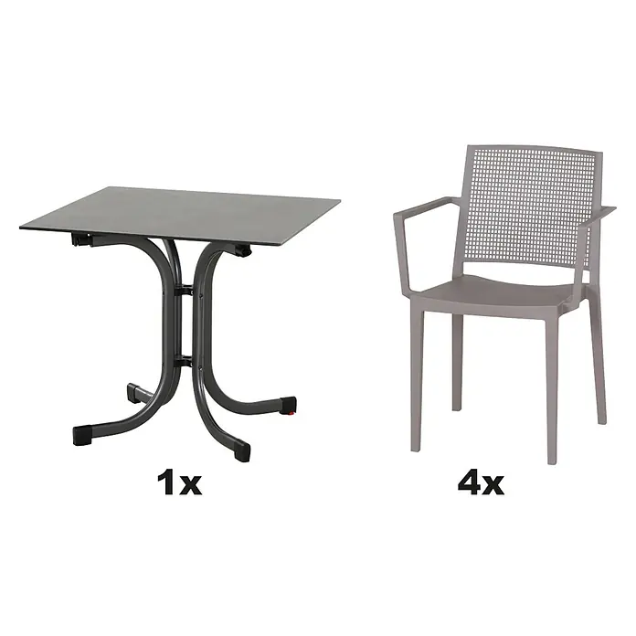 Siena Garden Urban Lights Gartenmöbel-Set Square Sessel/Sola Tisch - 3 -tlg., Polypropylen, Taupe/Anthrazit - Bild eines Gartentischs mit 4 zugehörigen Stühlen.