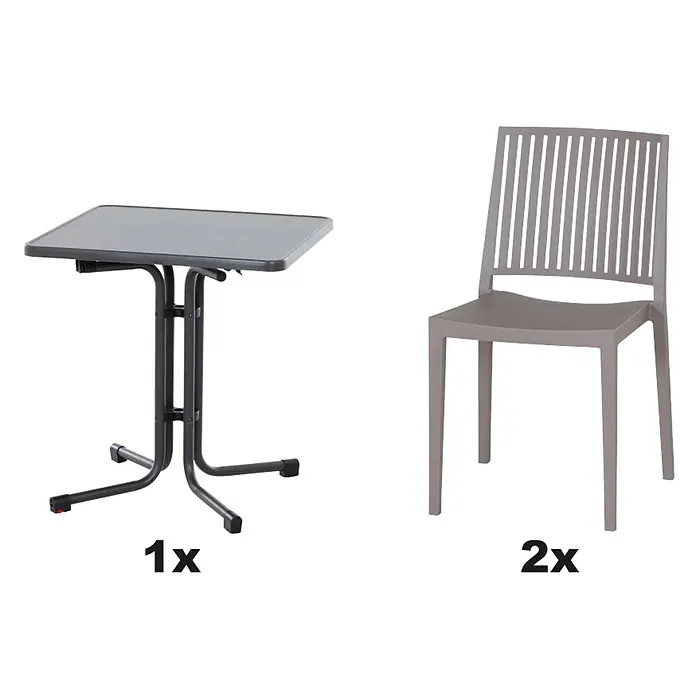 Siena Garden Urban Lights Gartenmöbel-Set Lane Stuhl/Paco Tisch - 5 -tlg., Polypropylen, Taupe/Anthrazit - Bild eines grauen Klapptisches (1x) und zwei passenden grauen Stühlen (2x) für den Außenbereich.