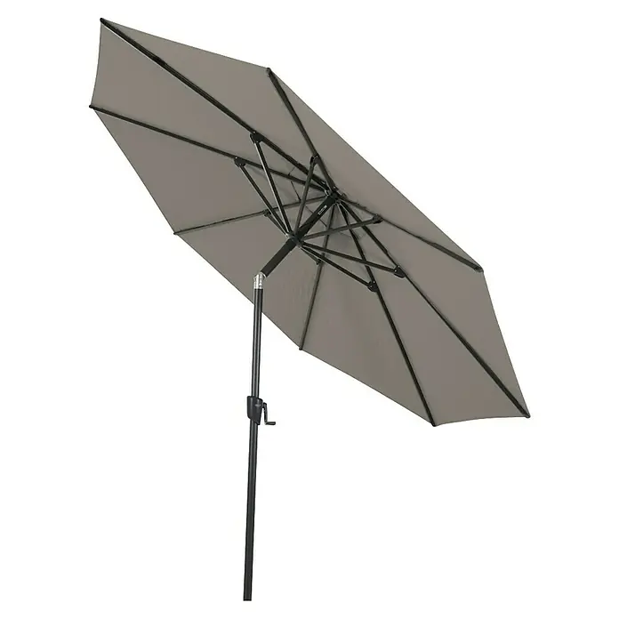 Siena Garden Marktschirm rund Bosco - Taupe, Durchmesser Bespannung: 300 cm - Großaufnahme eines grauen Sonnenschirms mit schwarzem Gestell. Ideal für den Garten oder die Terrasse, bietet dieser Schirm Schatten und Schutz vor der Sonne.