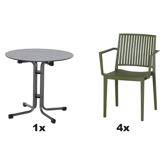Siena Garden Urban Lights Gartenmöbel-Set Lane Sessel/Sola Tisch - 5 -tlg., Polypropylen, Hochdruck-Schichtpressstoff (HPL), Olive/Anthrazit - Ein grauer runder Tisch und vier grüne Stühle mit Armlehnen sind abgebildet.