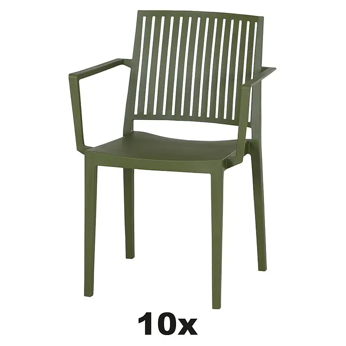 Siena Garden Urban Lights Stapelsessel Set Lane - 10 Stk., Polypropylen, Stapelbar, Olive, B x T x H: 57 x 56 x 80 cm - Ein olivgrüner Armlehnstuhl mit senkrechten Streben in der Rückenlehne, ideal für den Garten.