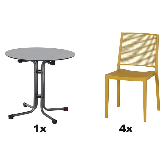 Siena Garden Urban Lights Gartenmöbel-Set Square Stuhl/Sola Tisch - 5 -tlg., Polypropylen, Mustard/Anthrazit - Abbildung eines Gartentischsets, bestehend aus einem grauen runden Tisch und vier gelben Stühlen.