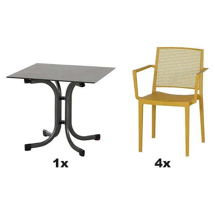 Siena Garden Urban Lights Gartenmöbel-Set Square Sessel/Sola Tisch - 3 -tlg., Polypropylen, Mustard/Anthrazit - Gartentisch mit vier passenden Stühlen für den Außenbereich.