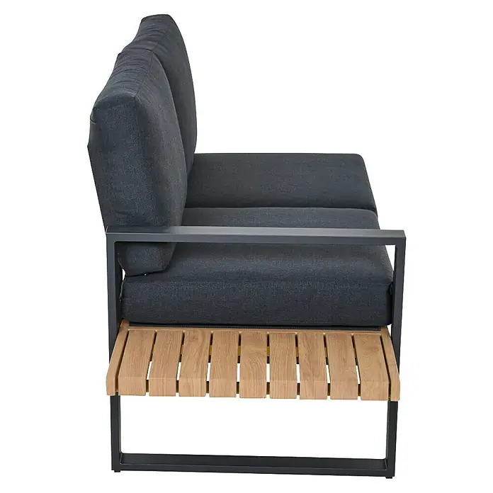 Siena Garden Urban Lights Loungemöbel-Set Bari - 2 -tlg., Aluminium, Teak/Anthrazit - Dunkelgraues Outdoor-Sofa mit bequemen Kissen, schwarzem Metallrahmen und hellem Holzlatten-Seitenelement.