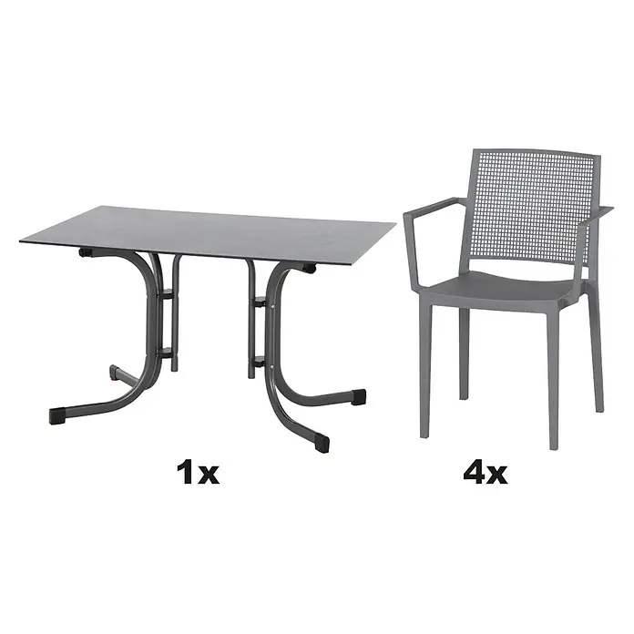 Siena Garden Urban Lights Gartenmöbel-Set Square Sessel/Sola Tisch - 5 -tlg., Polypropylen, Grau - Bild einer grauen Gartentischgarnitur, bestehend aus einem Tisch und vier Stühlen. Ideal für den Außenbereich und den Garten.