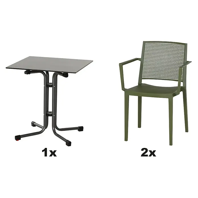Siena Garden Urban Lights Gartenmöbel-Set Square Sessel/SolaTisch - 3 -tlg., Polypropylen, Olive/Anthrazit - Produktabbildung: Ein Klapptisch in Anthrazit und zwei grüne Stühle mit Armlehnen und einem Netzmuster in der Rückenlehne.