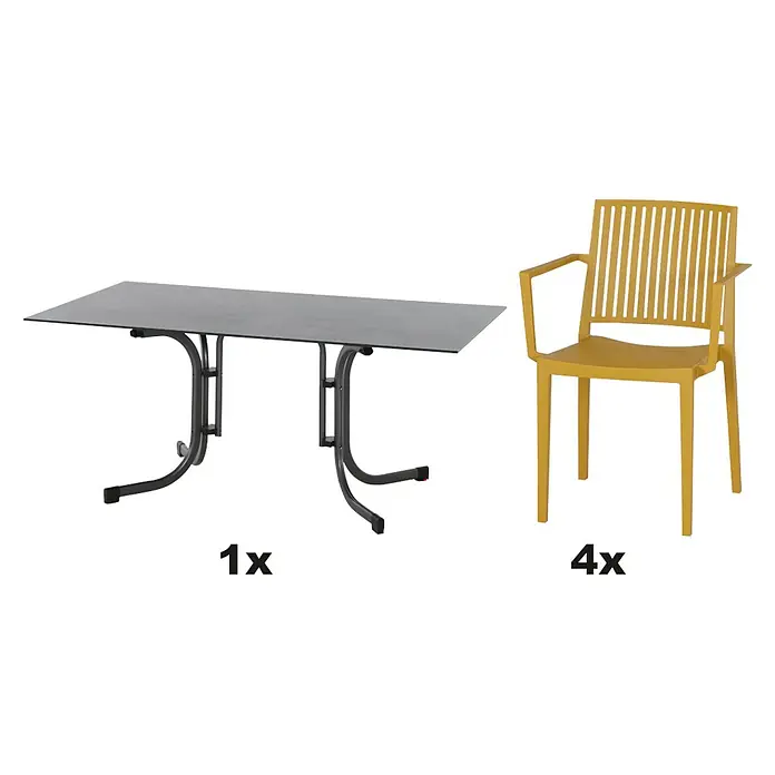 Siena Garden Urban Lights Gartenmöbel-Set Lane Sessel/Sola Tisch - 5 -tlg., Polypropylen, Mustard/Anthrazit - Bild eines Gartentisches und vier gelben Stühlen. Das Set ist ideal für Mahlzeiten im Freien und gesellige Zusammenkünfte im Garten.