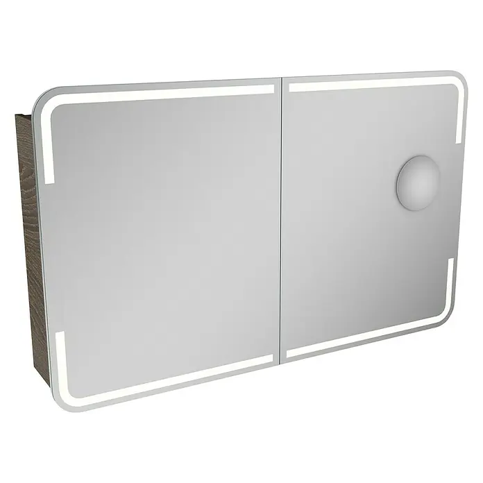 Camargue Stella LED-SpiegelschrankB x H: 120 x 73,7 cm, Holz, Eiche Maron, Mit Beleuchtung, Kantenausführung Tür: Abgerundet - Moderner Spiegelschrank mit integrierter Beleuchtung und Holzrahmen für das Badezimmer. Praktisch und stilvoll.