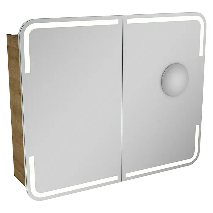 Lanzet M9 Badmöbel-Set M99B2 - 89,2 cm, Berg Eiche - Ein moderner Spiegelschrank mit LED-Beleuchtung. Der Spiegelschrank hat zwei Türen und ein Holzgehäuse für Badezimmer.