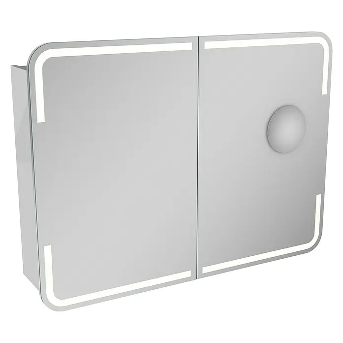 Camargue Stella LED-Spiegelschrank - B x H: 100 x 73,7 cm, Holz, Weiß, Mit Beleuchtung, Kantenausführung Tür: Abgerundet - Abbildung eines modernen Spiegelschranks mit LED-Beleuchtung und runden Griff, ideal für Badezimmer.