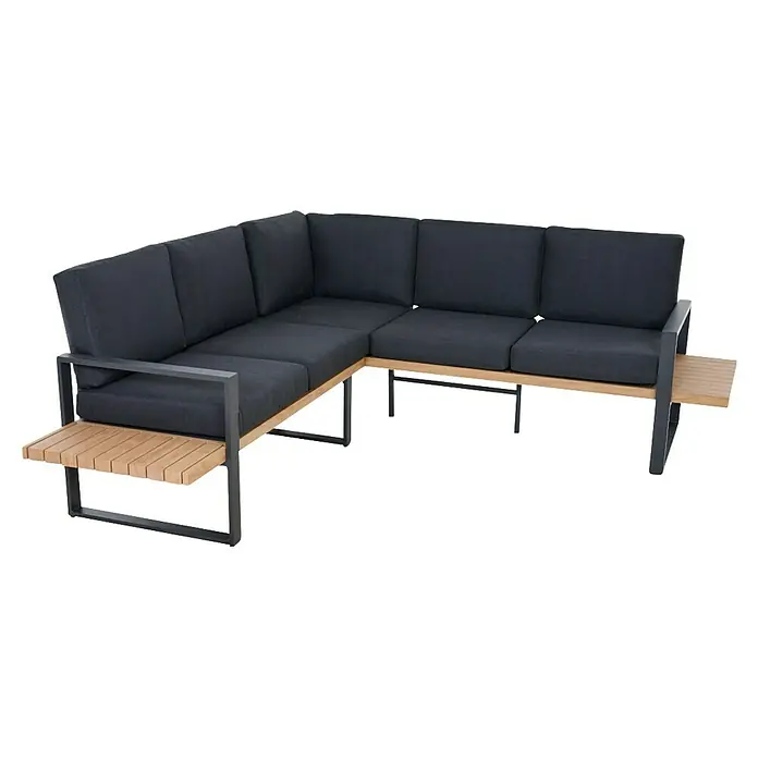 Siena Garden Urban Lights Loungemöbel-Set Bari - 2 -tlg., Aluminium, Teak/Anthrazit - L-förmiges Outdoor-Sofa mit dunkelgrauen Kissen, schwarzem Metallrahmen und hellen Holz-Seitenablagen.