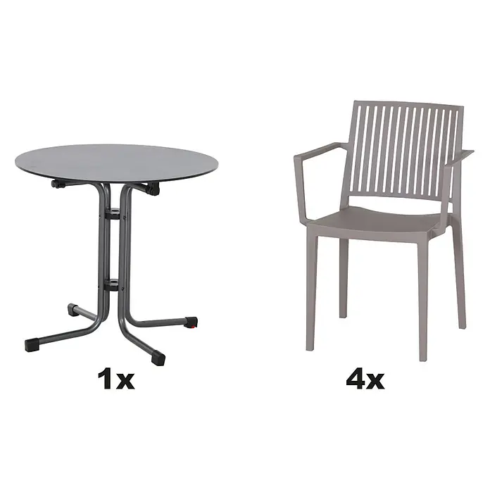 Siena Garden Urban Lights Gartenmöbel-Set Lane Sessel/Sola Tisch - 5 -tlg., Polypropylen, Hochdruck-Schichtpressstoff (HPL), Taupe/Anthrazit - Grauer runder Tisch mit Metallfuß und vier passenden grauen Kunststoffstühlen mit Lattenrücken.