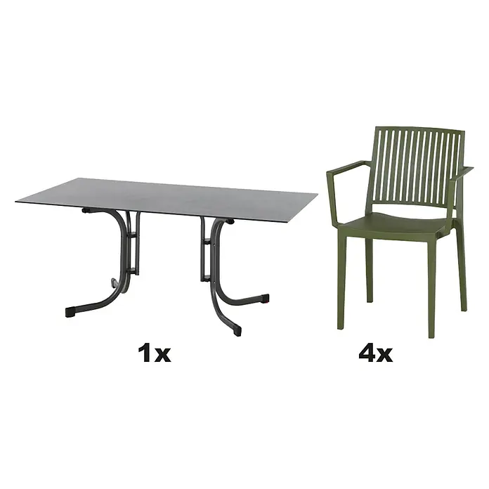 Siena Garden Urban Lights Gartenmöbel-Set Lane Sessel/Sola Tisch - 5 -tlg., Polypropylen, Olive/Anthrazit - Gartenset bestehend aus einem Tisch und vier grünen Stühlen mit Armlehnen für den Außenbereich.