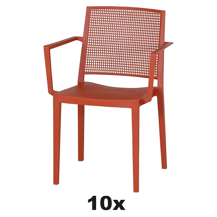Siena Garden Urban Lights Stapelsessel Set Square - 10 Stk., Polypropylen, Stapelbar, Brick, B x T x H: 56 x 56 x 80 cm - Abbildung eines orangefarbenen Stuhls mit Armlehnen und einem durchbrochenen Design auf der Rückenlehne.