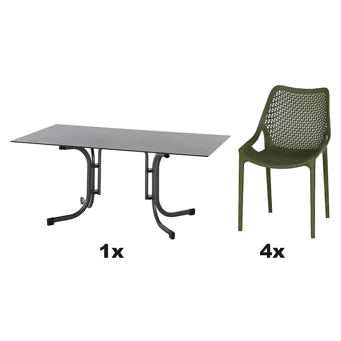 Siena Garden Urban Lights Gartenmöbel-Set District Sessel/Sola Tisch - 5 -tlg., Polypropylen, Olive/Anthrazit - Bild von einem Gartentisch mit schwarzer Tischplatte und Metallbeinen, dazu vier olivgrüne Gartenstühle.
