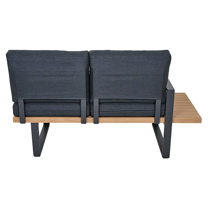 Siena Garden Urban Lights Loungemöbel-Set Bari - 2 -tlg., Aluminium, Teak/Anthrazit - Zweisitzer-Outdoor-Sofa mit dunkelgrauen Kissen, Beistelltisch aus Holz und dunkelgrauem Metallgestell.