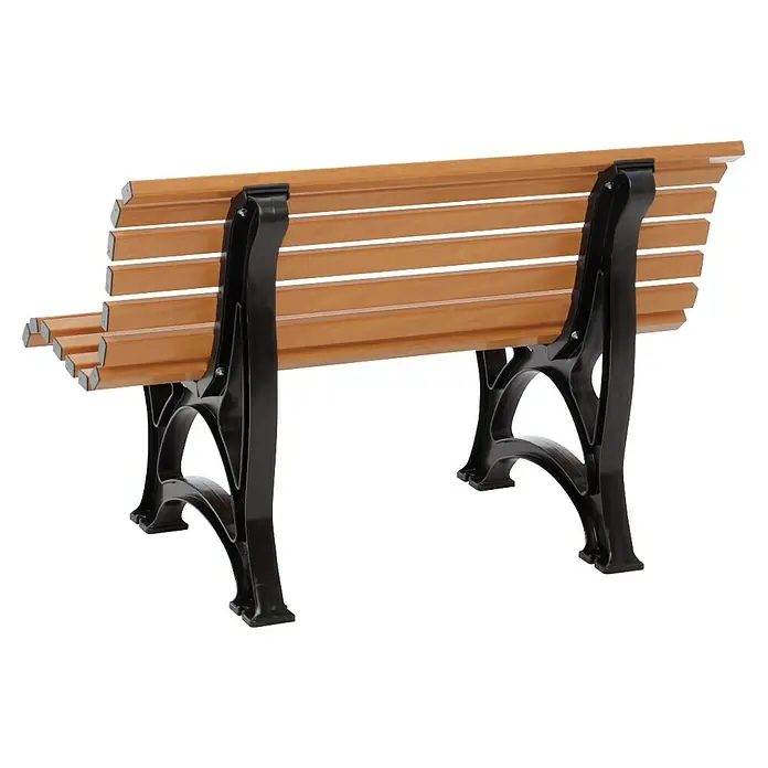 Blome Gartenbank Amrum - B x T x H: 120 x 64 x 80 cm, Holzoptik - Detailaufnahme einer Parkbank mit Holzlatten und schwarzen Metallbeinen, die Stabilität und einladendes Design vereint.