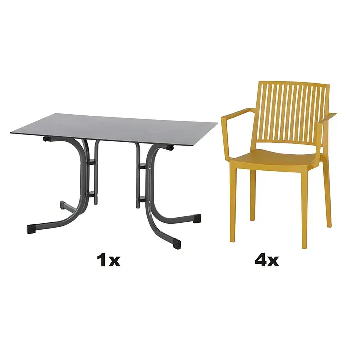 Siena Garden Urban Lights Gartenmöbel-Set Lane Sessel/gr.Sola Tisch - 5 -tlg., Polypropylen, Mustard/Anthrazit - Produktabbildung eines Gartentisches mit grauem Gestell und Tischplatte, sowie vier gelben Gartenstühlen.