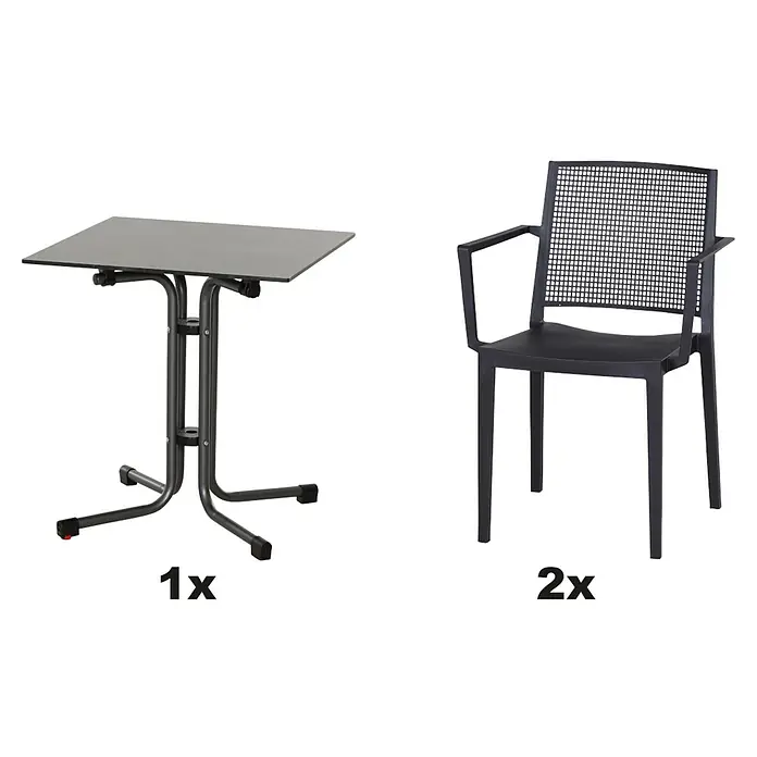 Siena Garden Urban Lights Gartenmöbel-Set Square Sessel/SolaTisch - 3 -tlg., Polypropylen, Anthrazit - Grauer Klapptisch neben zwei schwarzen Armlehnstühlen mit Gittermuster im Rücken.