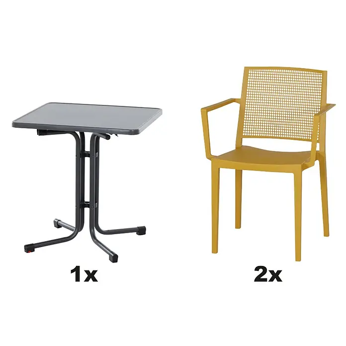 Siena Garden Urban Lights Gartenmöbel-Set Square Sessel/Paco Tisch - 3 -tlg., Polypropylen, Melamin, Mustard/Anthrazit - Bild einer grauen Klapptisch und zwei gelben Stühlen mit Armlehnen für den Aussenbereich.