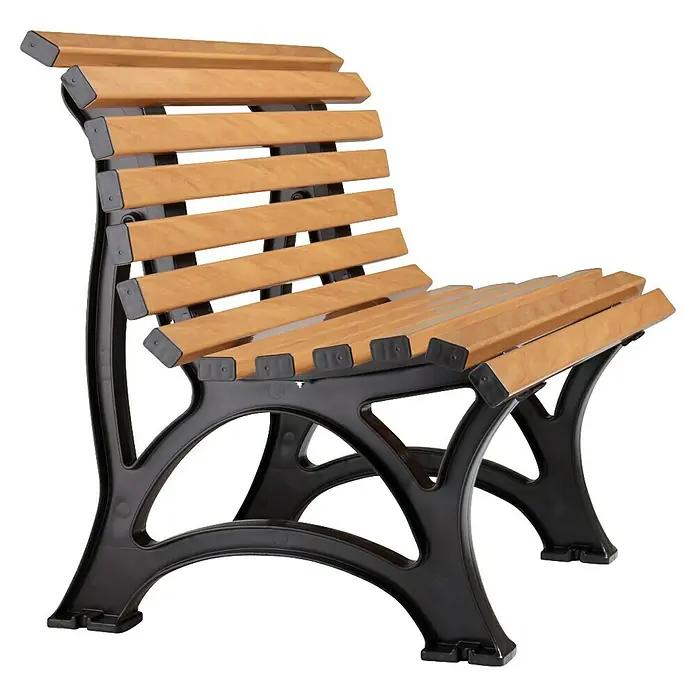 Blome Gartenbank Amrum - B x T x H: 120 x 64 x 80 cm, Holzoptik - Detailaufnahme einer Parkbank mit Latten aus hellem Holz und einem schwarzen Metallgestell. Die Bank steht vor einem neutralen Hintergrund.