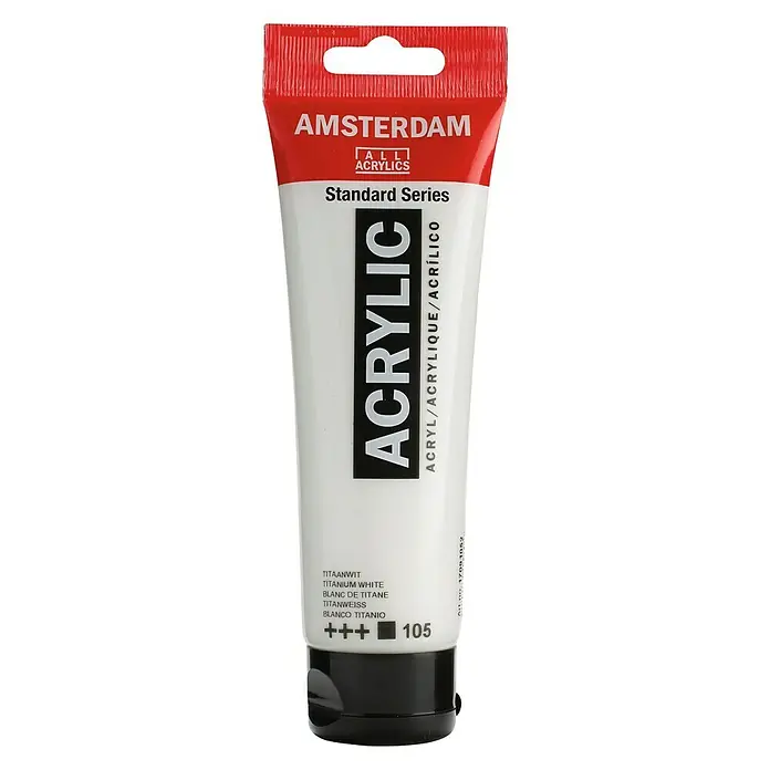 Talens Amsterdam Pintura acrílica Standard - Blanco titan, 120 ml, Tubo - Primer plano de un tubo de pintura acrílica Amsterdam en blanco titanio, ideal para artistas y aficionados que buscan pintura de alta calidad.